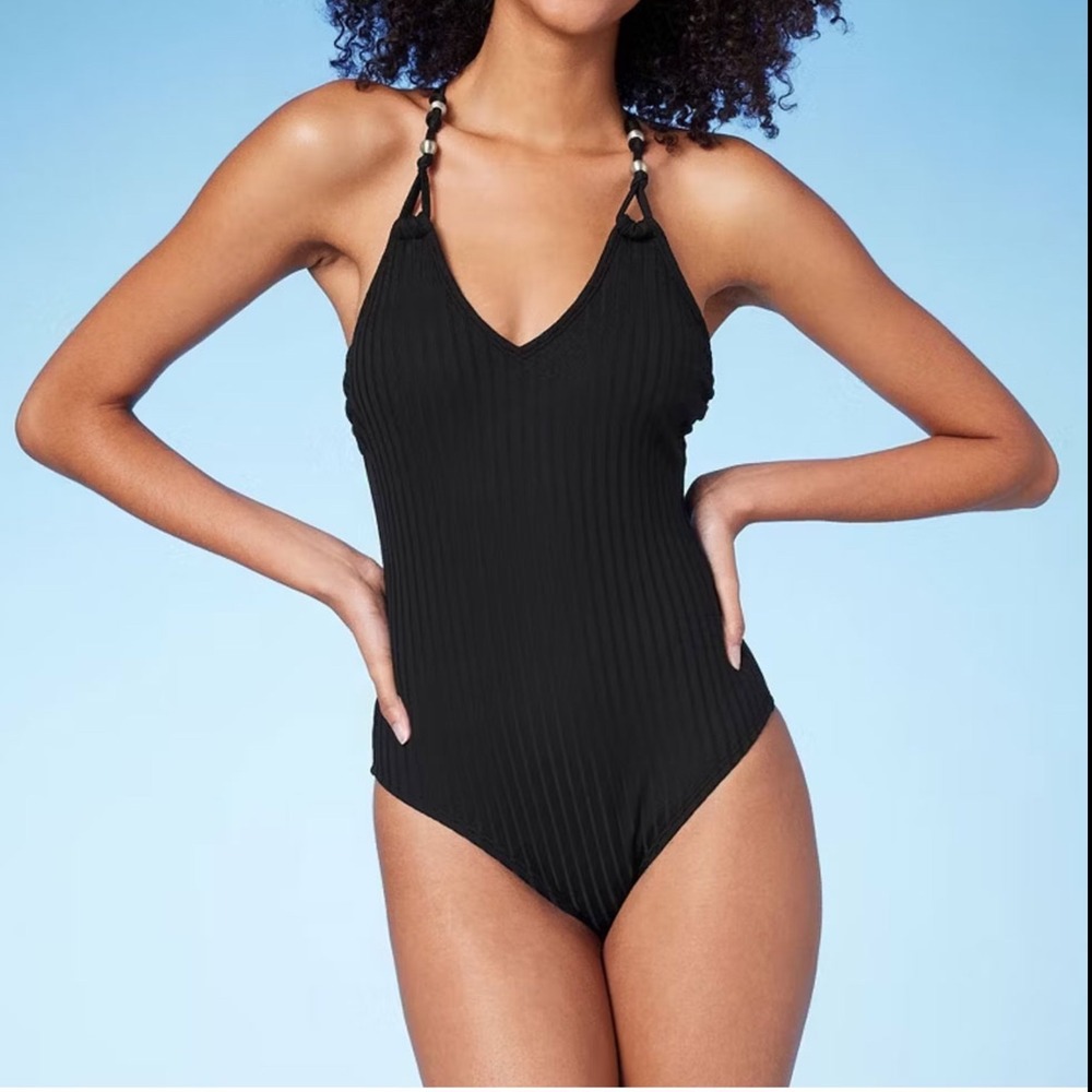 Shade & Shore Black Ribbed‎ One Piece Swimsuit Halter Neck Size M (8-10)